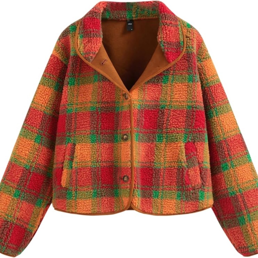 CIDER Women's Plaid Fleece Jacket Button Down Sherpa Cropped Coat, M